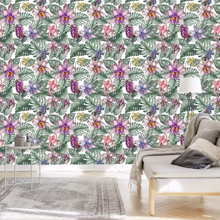 Tapet - Färgglada Orkid Blommor och Monstera Blad