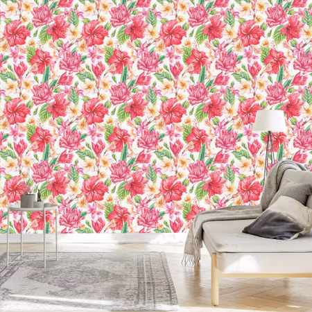 Tapet - Färgglada Exotiska Blommor och Löv