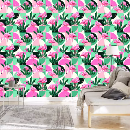 Tapet - Fashionabla Rosa Flamingos och Blad