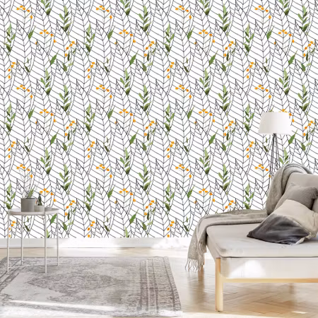 Tapet - Hvide Blade med Blomster