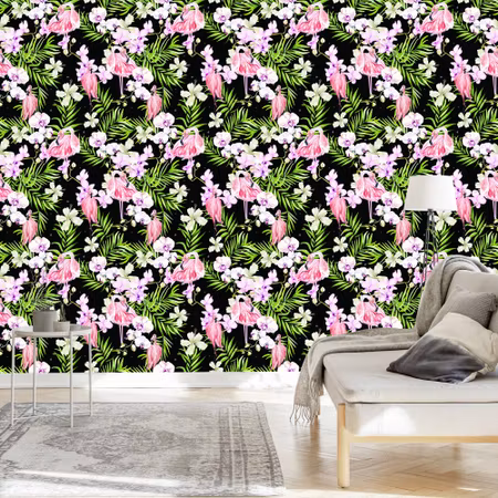 Tapet - För Vardagsrummet Flamingos Blommor