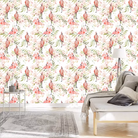 Tapet - Med Flamingos Blommor Blad för Sovrummet