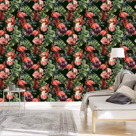 Tapet - Flamingos Rosor Blommor Grönska till
