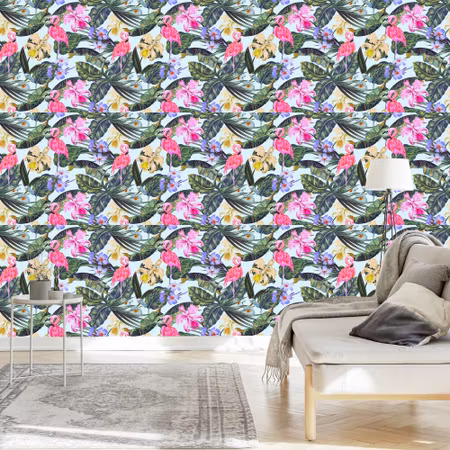 Tapet - Flamingos Blommor Löv Natur