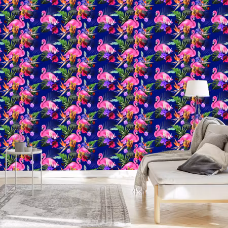 Tapet - För Vardagsrumsfåglar Flamingor Blommor