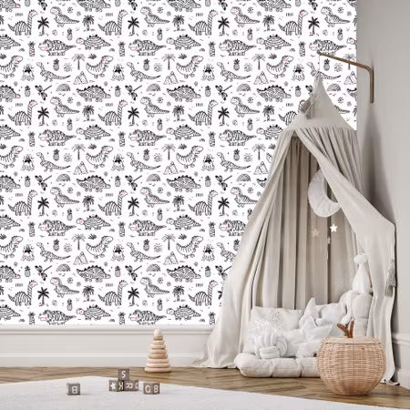 Tapet - För Barn Dinosaurier Trädberg Blommor