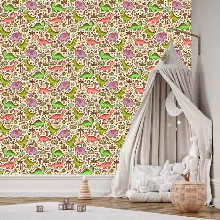 Tapet - För Barn Dinosaurier Blommor Kaktusar