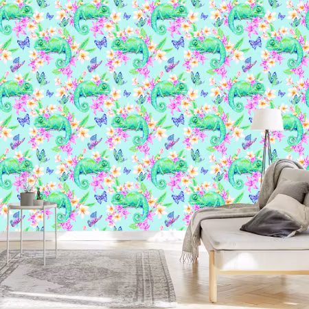 Tapet - Kameleonter Fjärilar och Blommor