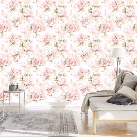 Tapet - För Sovrum Pastellpioner Blommor Blad