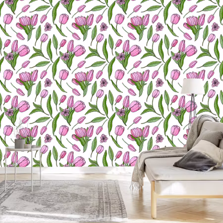 Tapet - Ritade Blommande Tulpaner