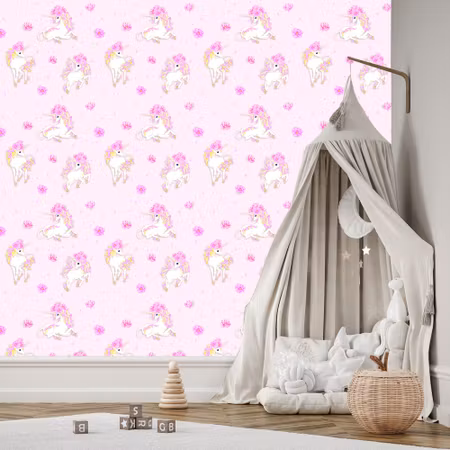 Tapet - För Barn Vackra Enhörningar och Blommor