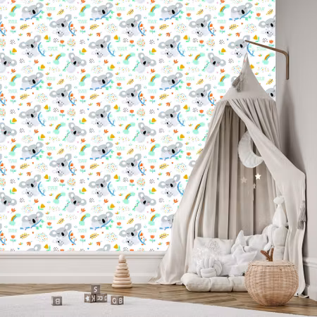 Tapet - För Pojke Koala Rainbow Moln Blommor