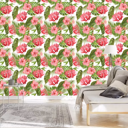 Tapet - Rosa Blommor Bland Bladen