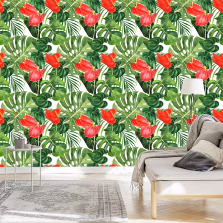 Tapet - Röda Blommor med Blad