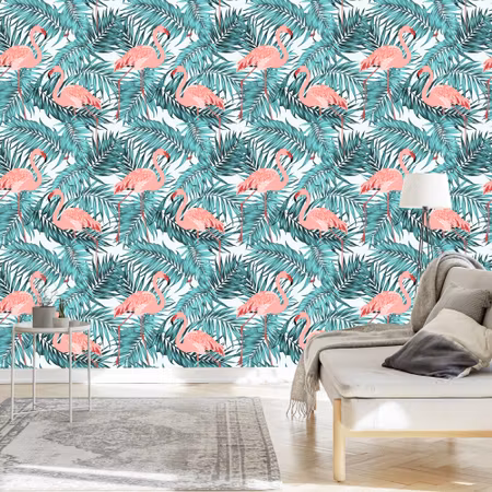 Tapet - Blad med Flamingos