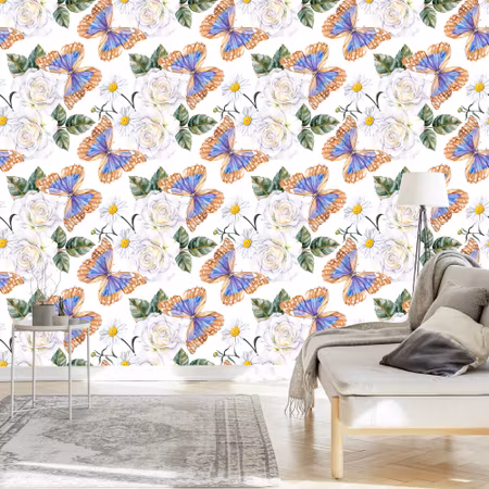 Tapet - För Köksrosor Blommor Grönt Fjärilar Natur