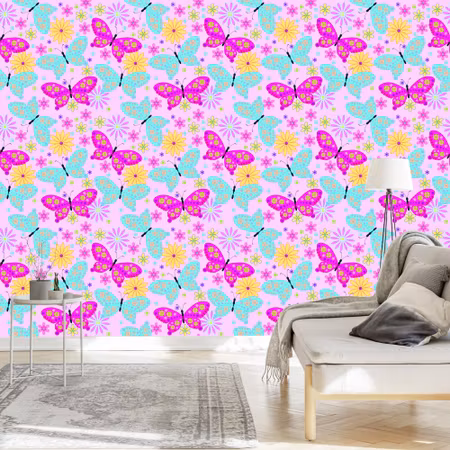 Tapet - För Barn Färgglada Fjärilar Blommor Växter