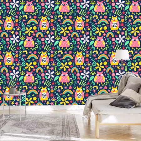 Tapet - För Barn Färgglada Ugglor och Blommor