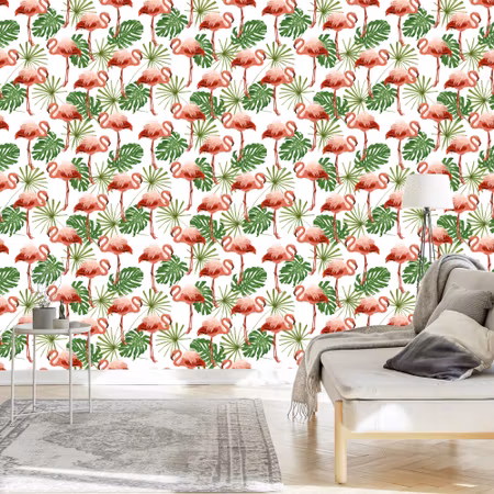 Tapet - I Flamingos Blad i Grön Natur Sovrum