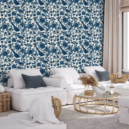 Tapet - Birds and roses - monochrome blue pattern