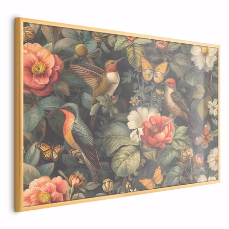 Poster med ram - Flowers birds and butterflies