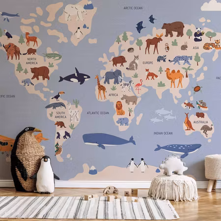 Fototapeter - World Map with Animal Illustrations