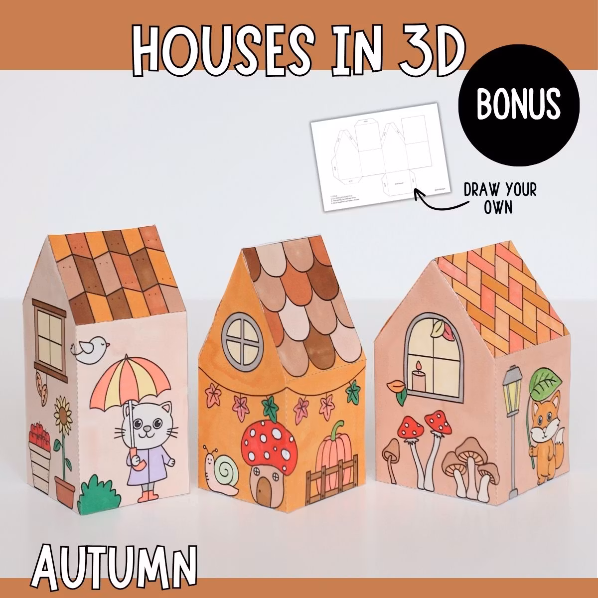 3D Autumn Houses - Printable Craft Templates for Kids