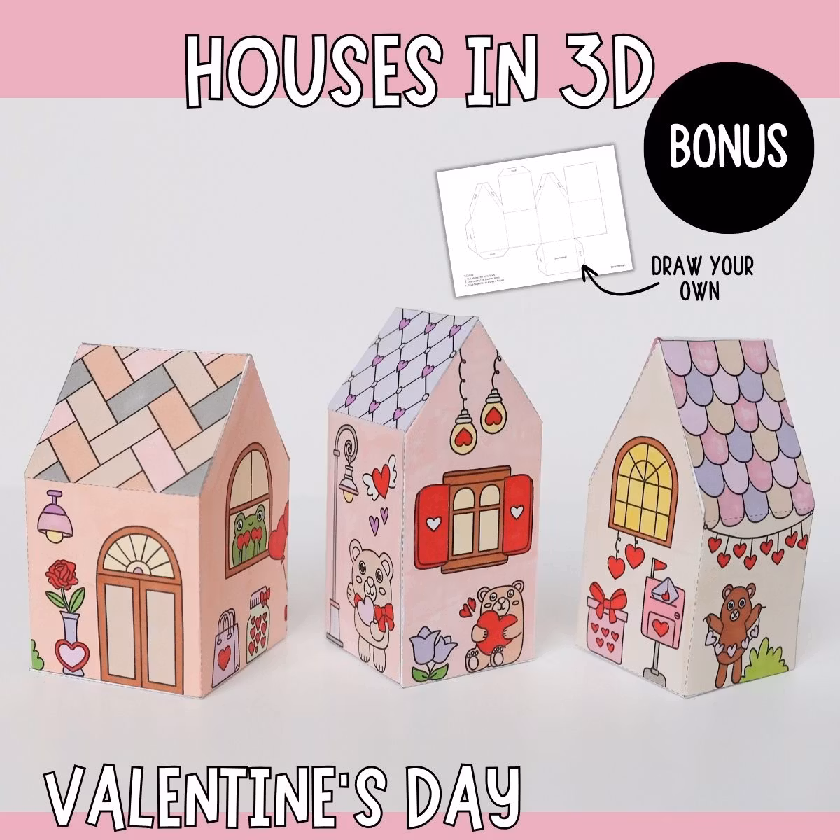 3D Valentine’s Houses - Printable Craft Templates for Kids