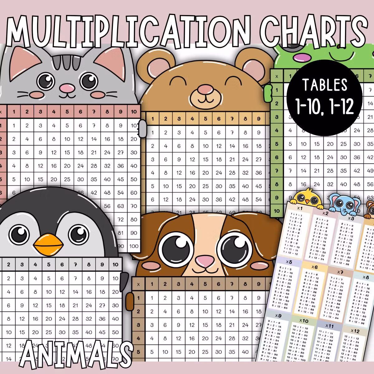 Times Tables Charts (Animals) - Tables 1-10 and 1-12