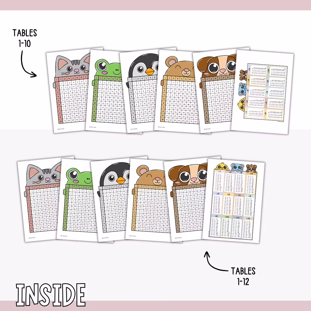 Times Tables Charts (Animals) - Tables 1-10 and 1-12