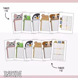 Times Tables Charts (Animals) - Tables 1-10 and 1-12