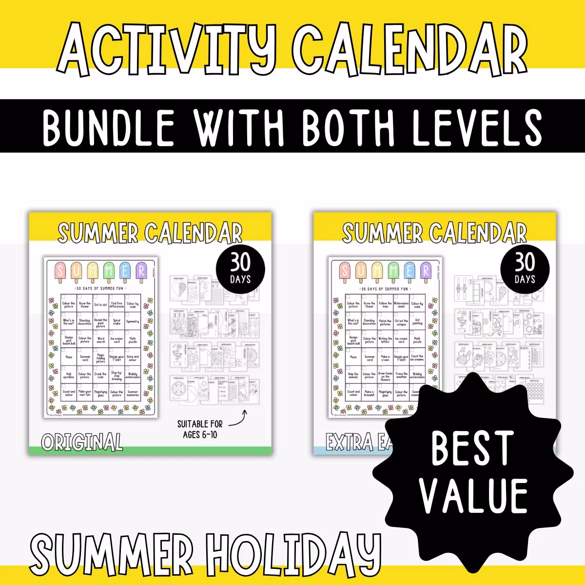 Summer Holiday Activity Calendar for Kids - 30 Days Bundle (Extra Easy & Original)