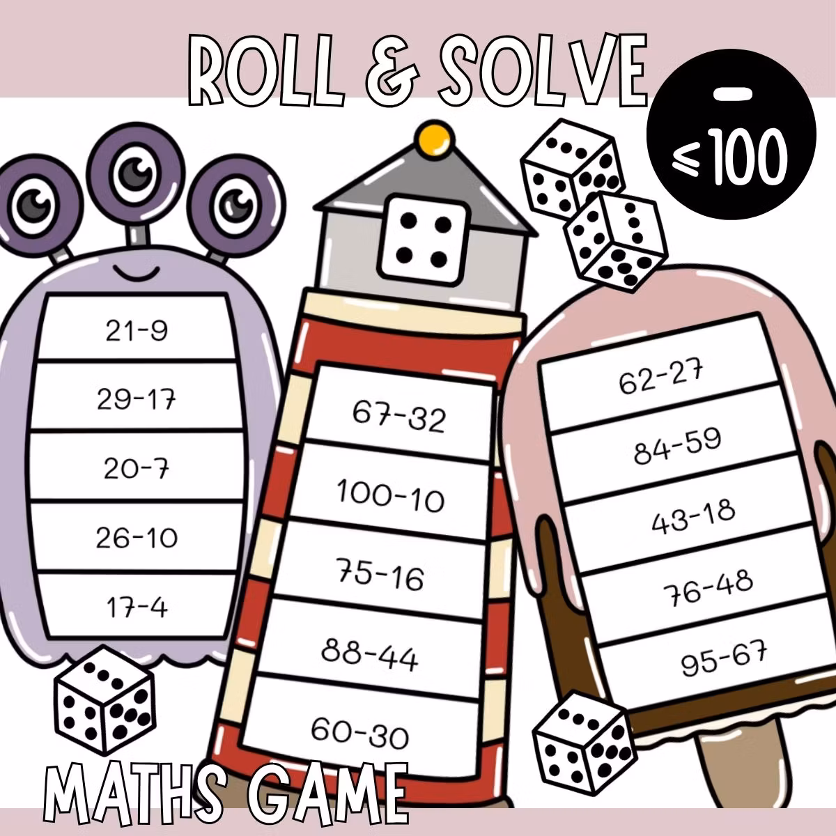 Roll & Solve (10 Maths Games) - Subtraction Within 100