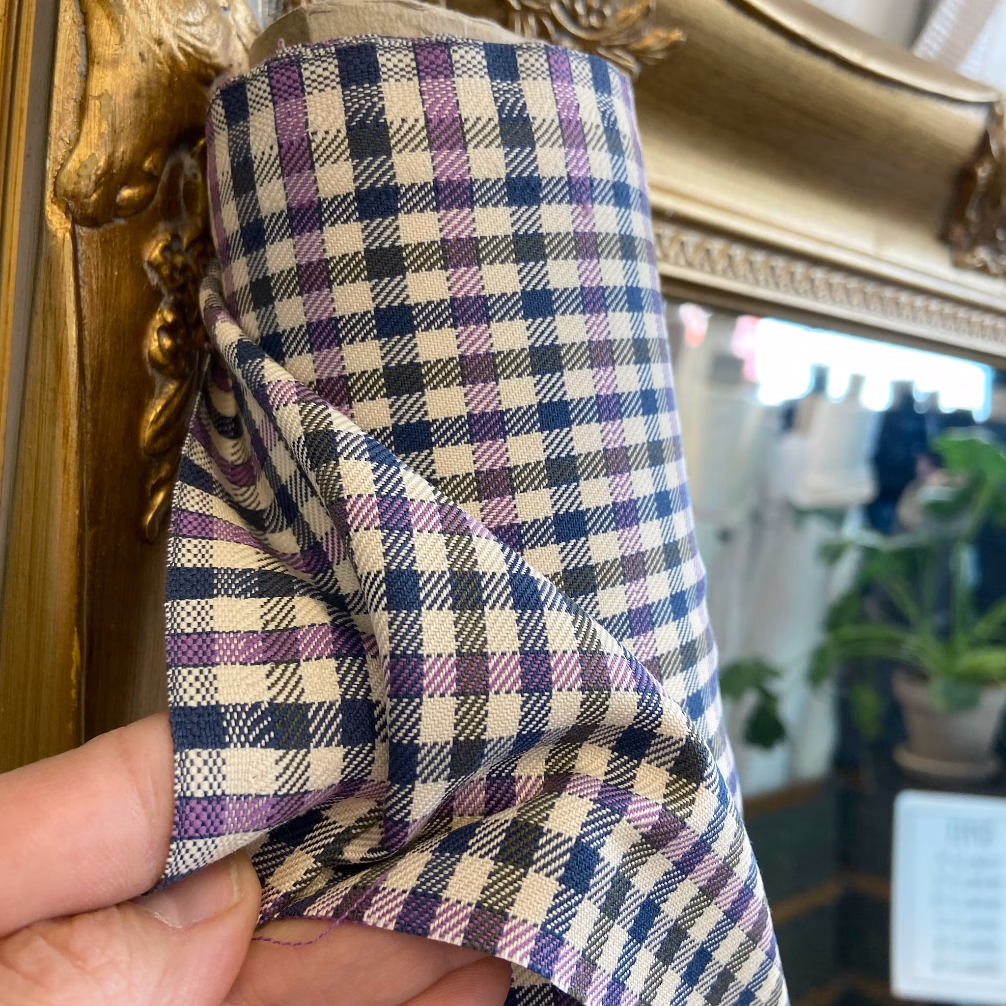 Bomull, rutig, blå/lila/beige/grön