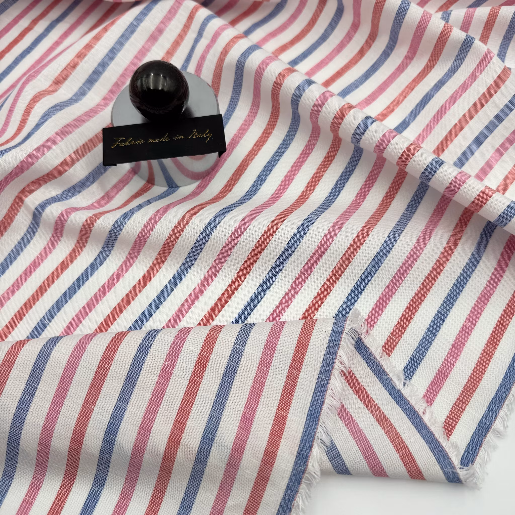 Lin/bomull rosa/blå/röd rand