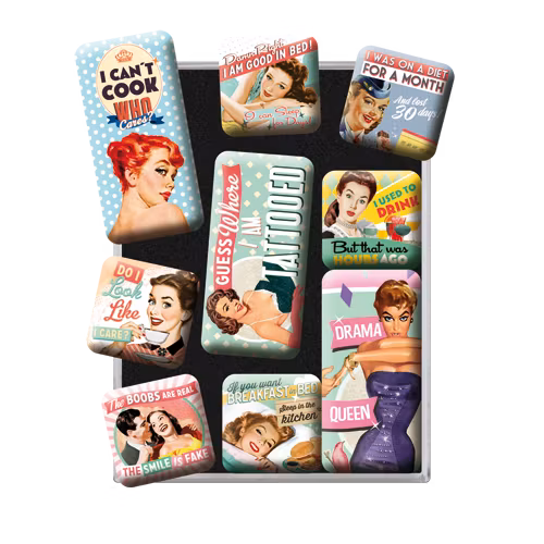 Rea! SET MAGNETER 9-pack kitsch FEMINIST I CANT COOK WHO CARES mm