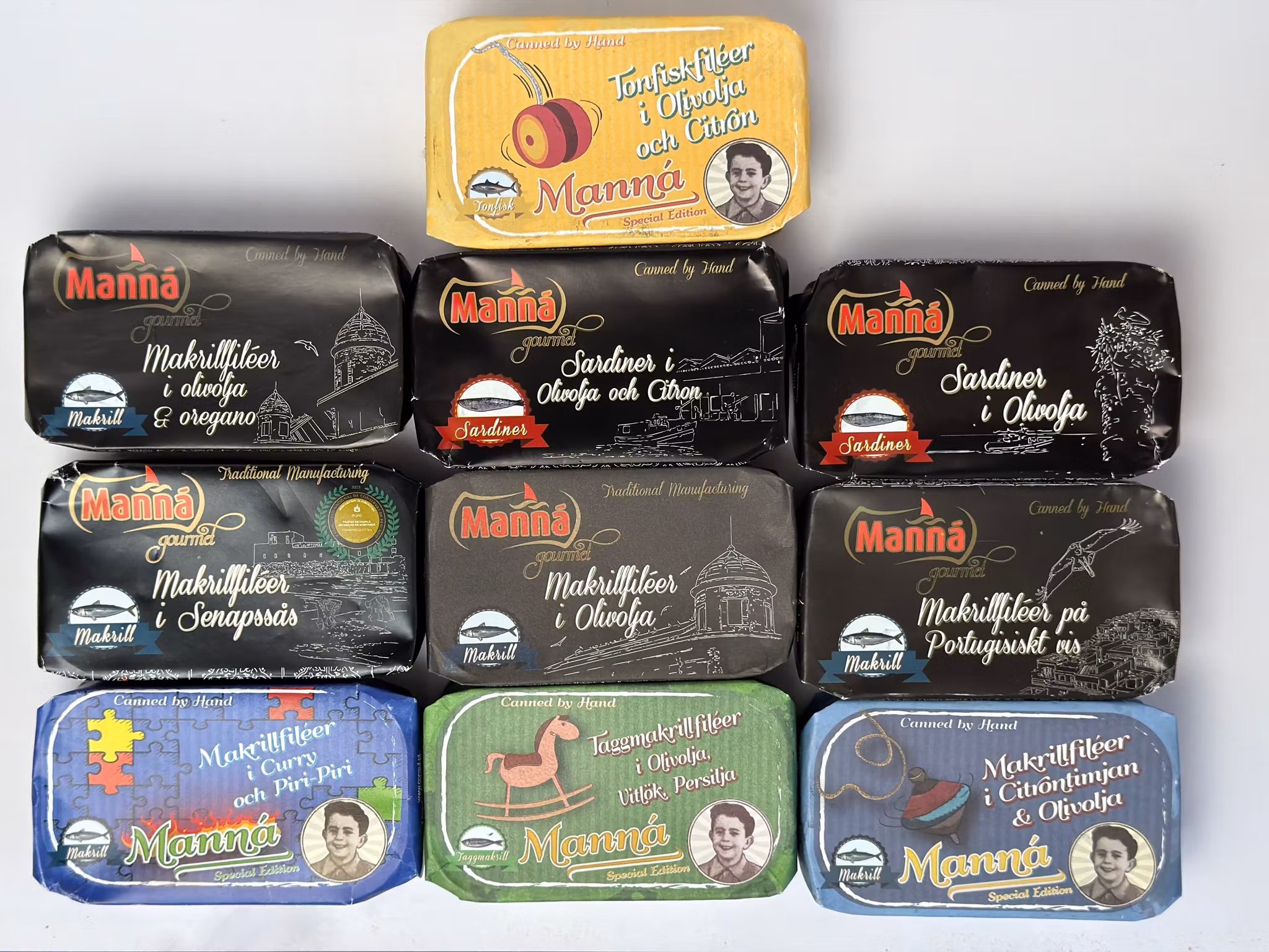 Sortimentslåda/Presentlåda, 10 olika burkar från Manna
