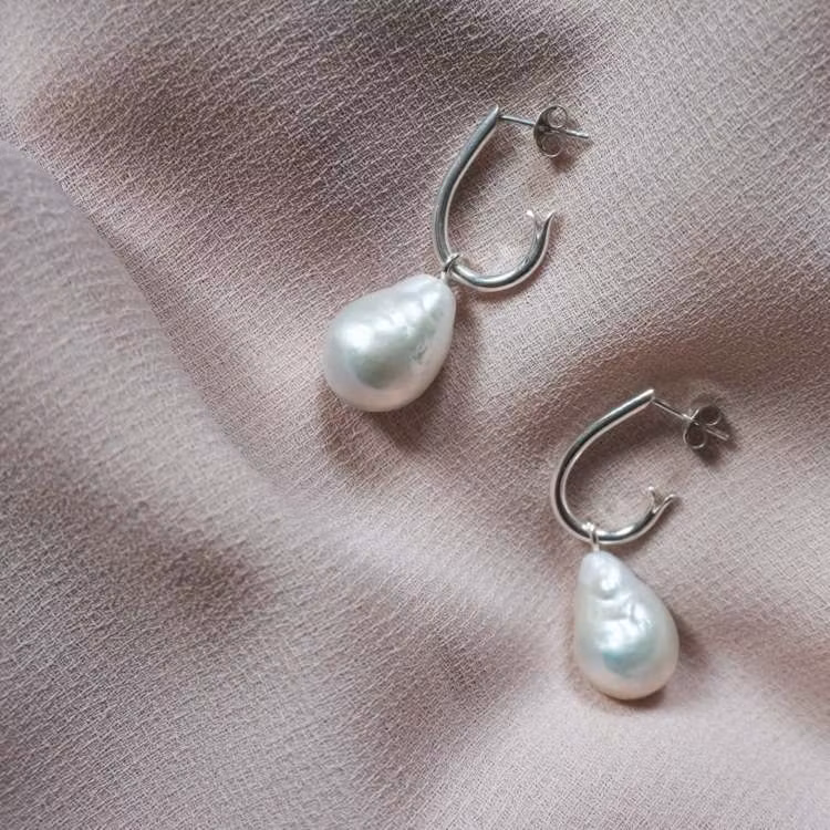 "Drop Hoops" with big baroque freshwater pearls