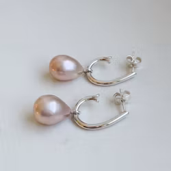 Drop Hoops in silver with pink pearl pendants