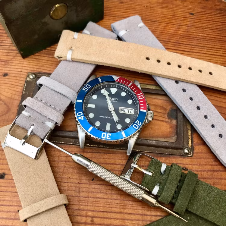 Khaki suede / genuine leather watch band 18mm 20mm 22mm 24mm