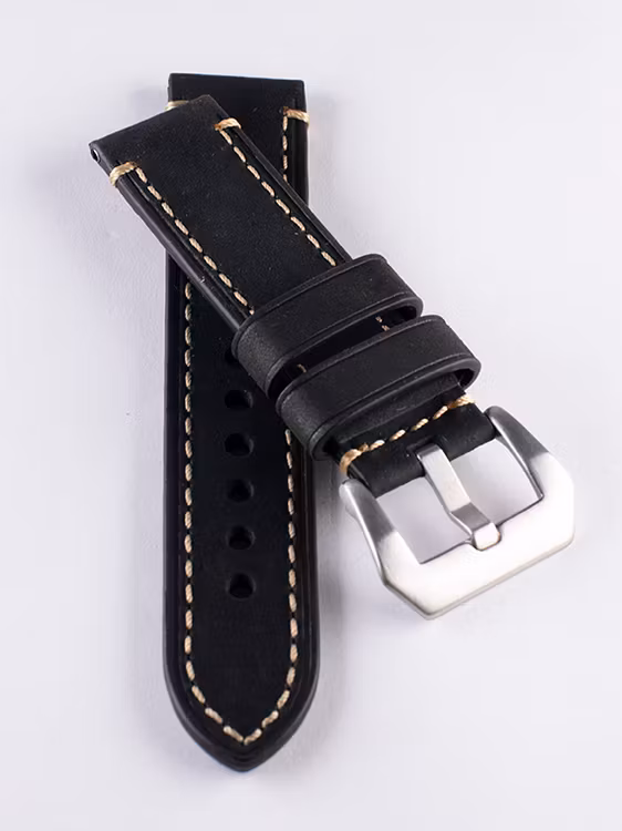 Black genuine leather watch band with stitching 22mm 24mm