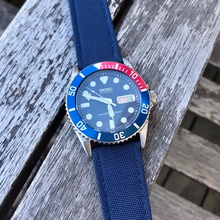 Blått klockarmband sailcloth canvas läder