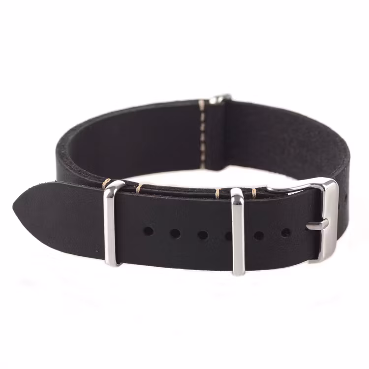 Natoband av svart läder 18mm 20mm 22mm lädernato