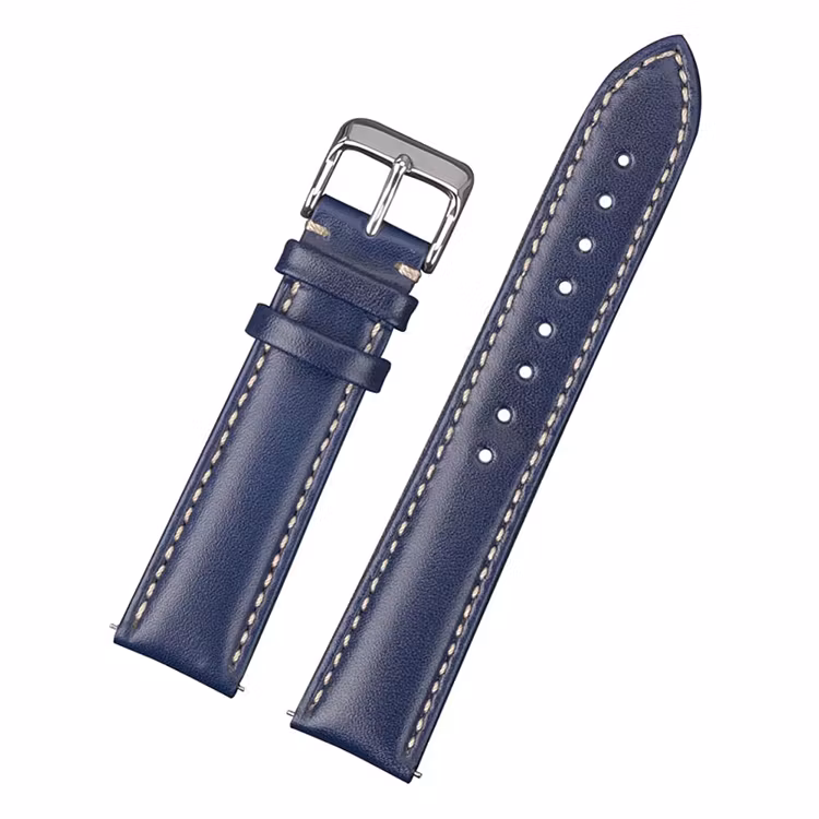 Classic blue leather watch band with white stitching 18mm 20mm 22mm