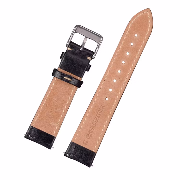 Klassiskt klockarmband av svart läder med vit söm