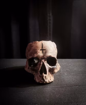 Ljuslykta skalle patinerad kors splatter liten