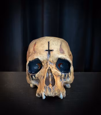 Candle lantern skull patinated cross splatter