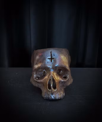 Small candle lantern in black iron red glaze