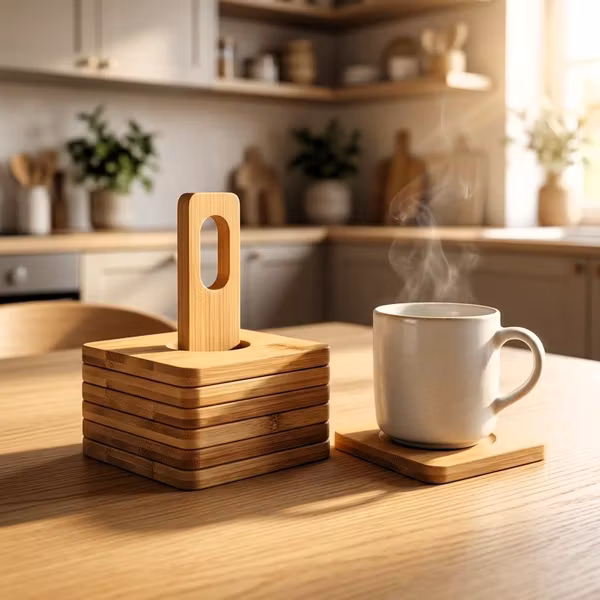 Bambus Bordskånere 6 stk med Holder (9×9 cm) – Naturlig Bordbeskytter
