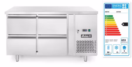 Kylbänk med fyra lådor, Arktic, Profi Line, med bakkant, 90L, silver, 230V/250W, 1360x700x(H)840mm